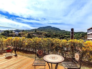 Un patio con una mesa y sillas de metal, una valla decorativa de metal y vistas a una montaña.