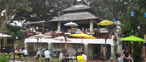 Un restaurant doté d’une terrasse au bord de l’eau, avec un espace de restauration couvert et des parasols.