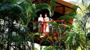 A wooden structure with a balcony, surrounded by dense tropical foliage. - Crab Claw Island (Bynoe)