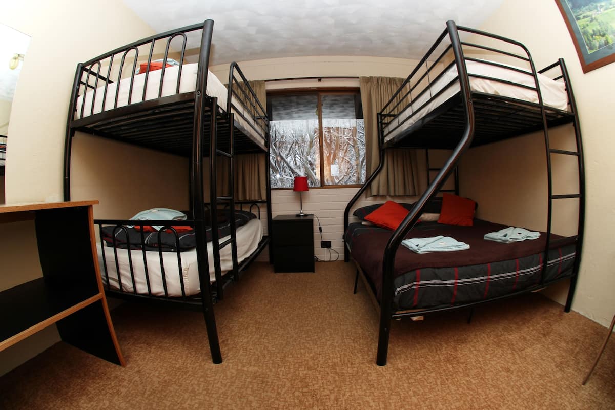 A dormitory room with bunk beds, a desk, and a window with a view of trees.