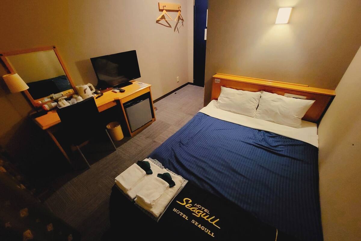 Une chambre d’hôtel avec un lit, un bureau, une télévision et un petit placard.