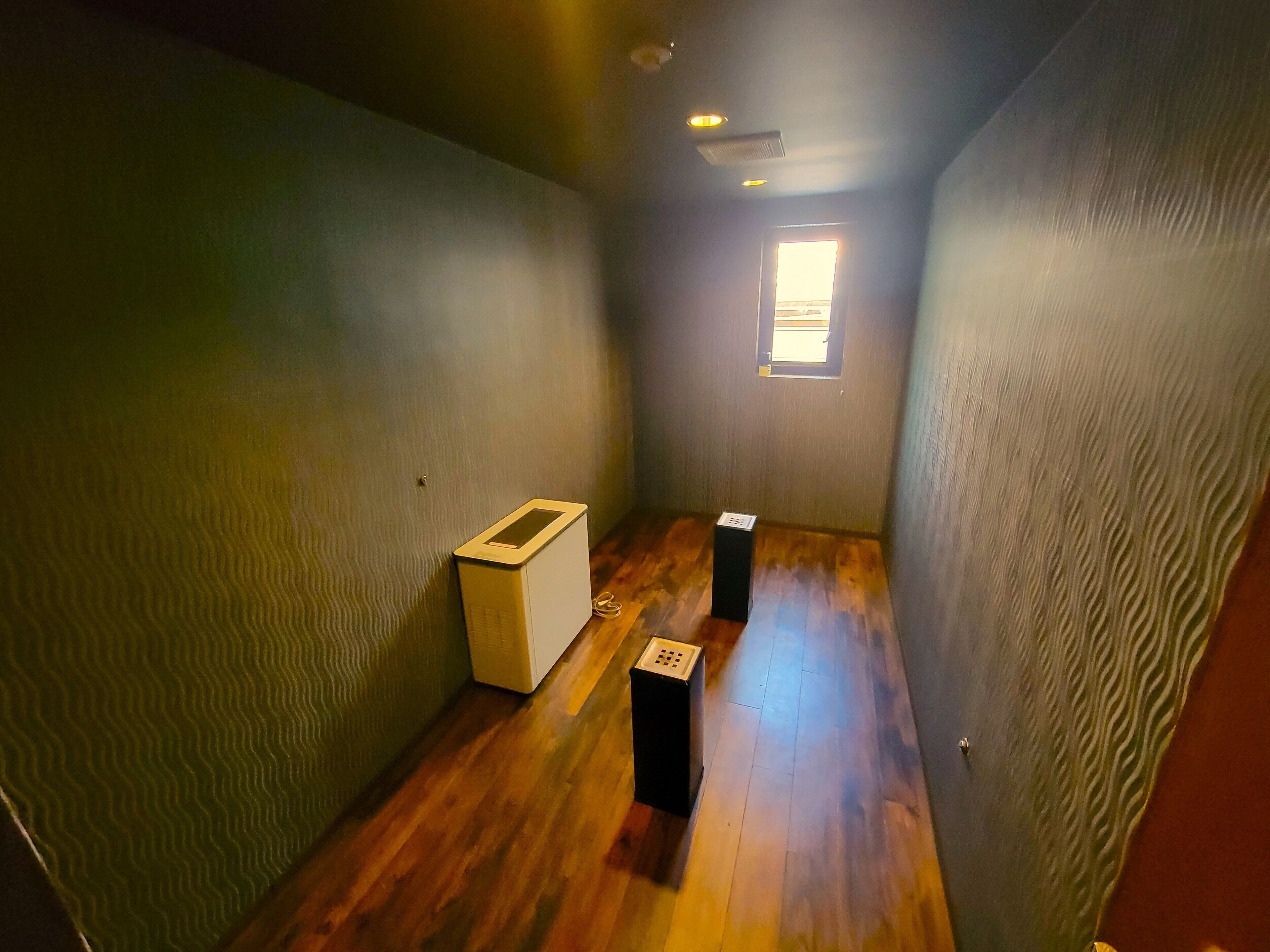 A narrow hallway with wooden flooring, a small window at the end, and two black boxes on the floor.