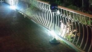 Vista nocturna de un puente con barandillas metálicas y un sendero.