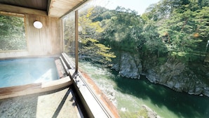 A wooden interior with a view of a river and forest. - Ryokan Meisho Tenryukyo Onsen Ryukyotei (Iida)