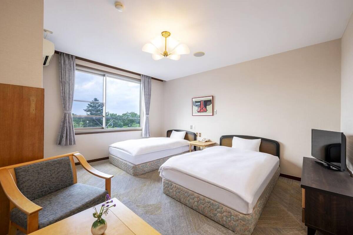 Habitación de hotel con dos camas, un escritorio, una silla, un televisor y una ventana con cortinas.