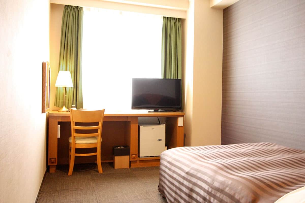 A hotel room with a bed, a desk with a television, a chair, and a small refrigerator.
