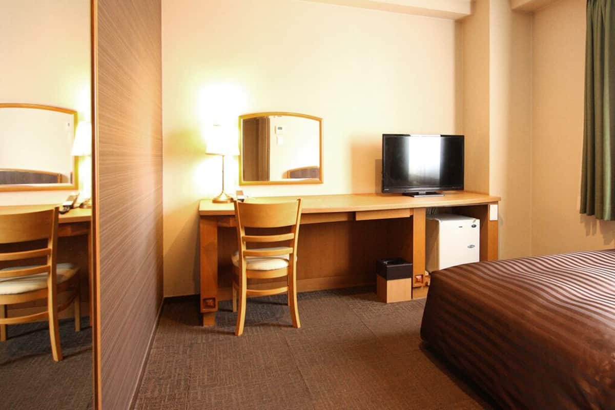 A hotel room with a bed, a desk with a chair, a television, and a mirror.