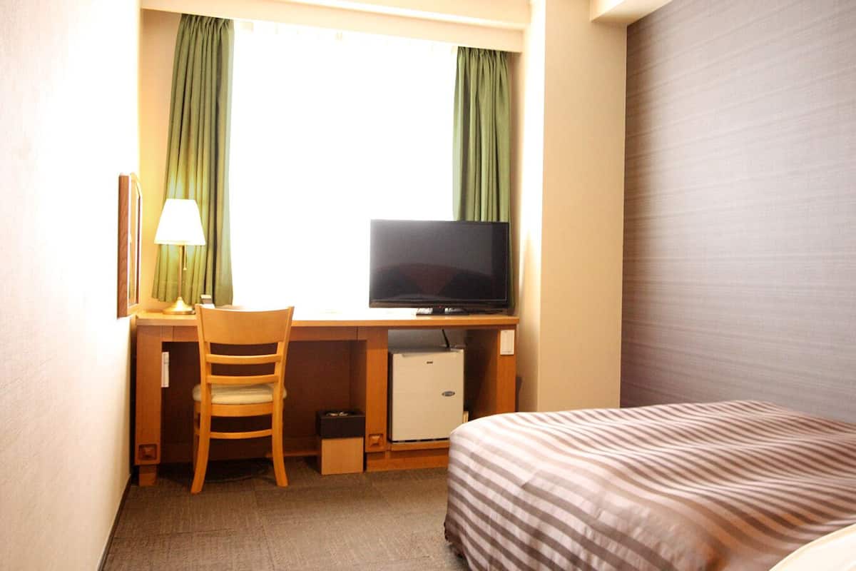 A hotel room with a bed, a desk with a television, a chair, and a small refrigerator.