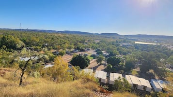 A rural landscape with scattered buildings, including a row of cabins with flat roofs, surrounded by trees and open fields.