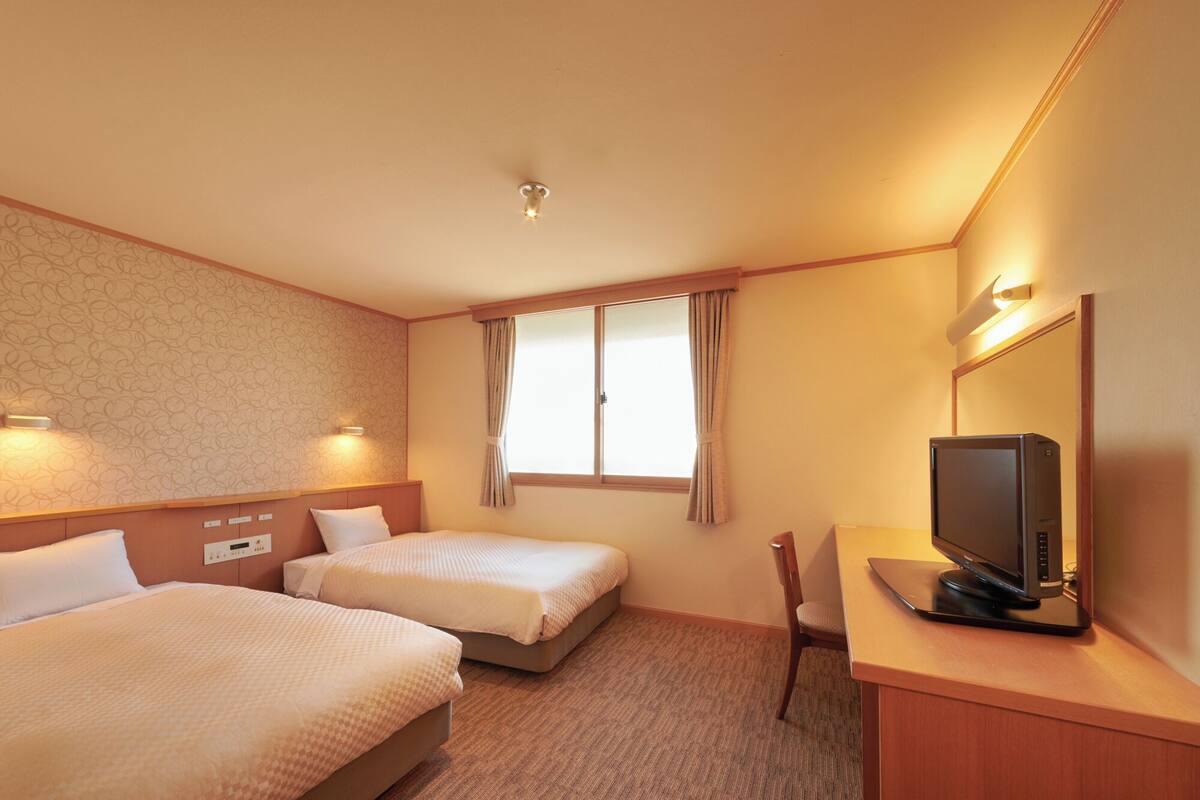Ein Hotelzimmer mit zwei Betten, einem Fernseher auf einem Holztisch und einem Fenster mit Vorhängen.