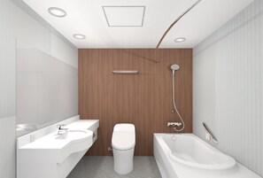 A modern bathroom with a wooden panel wall, a white sink, a toilet, and a bathtub. - Yunokuni Tensyo (Kaga)
