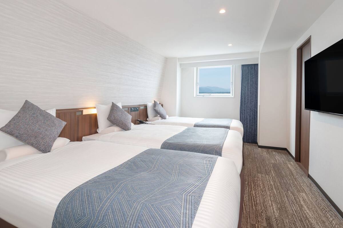 A hotel room with two beds, a TV, a window with a view, and a carpeted floor.