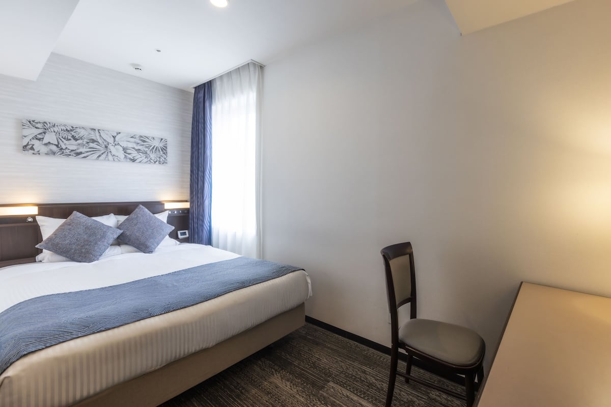A hotel room with a bed, a chair, a desk, a wall-mounted artwork, and a window with curtains.