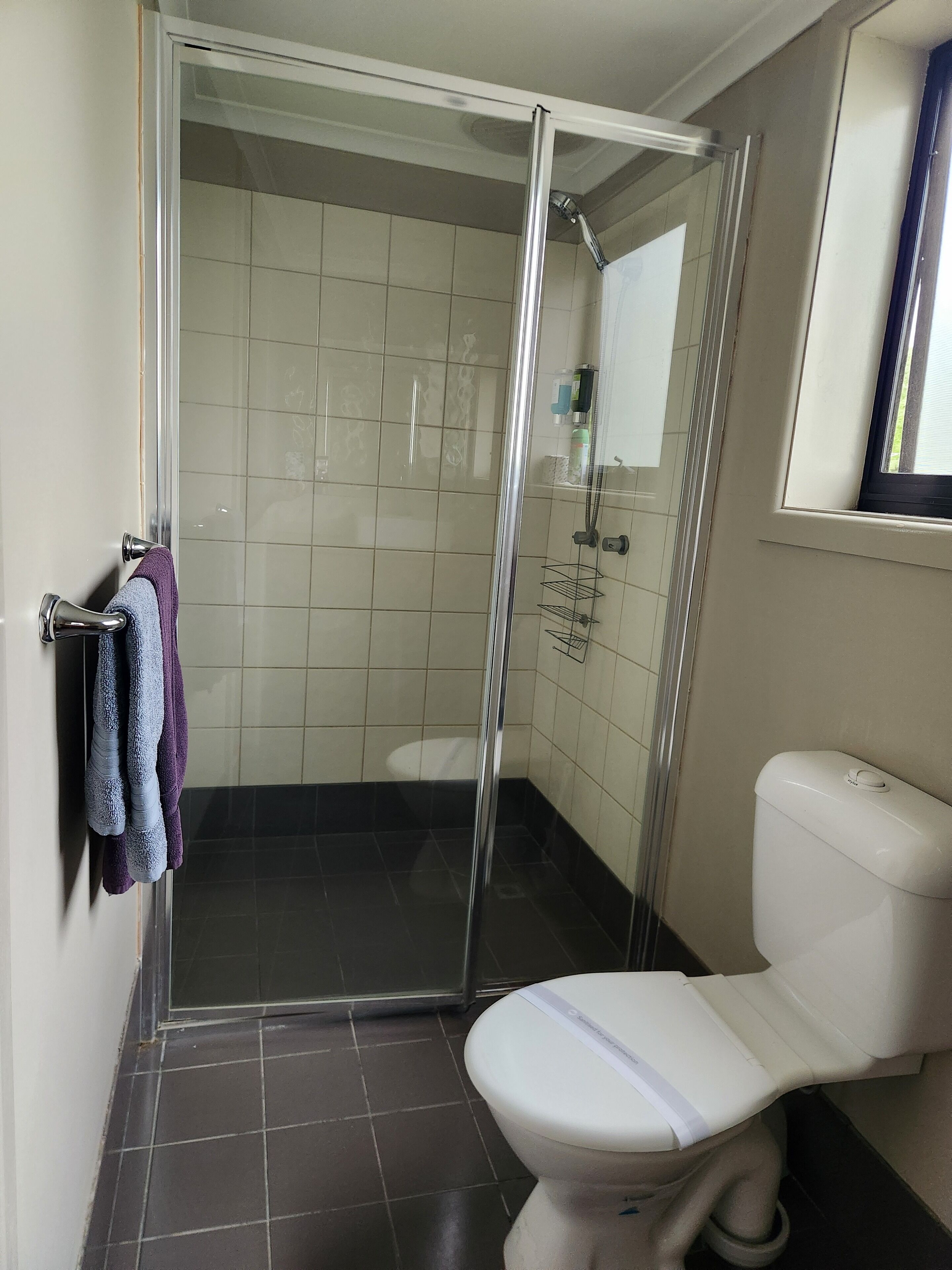 A bathroom with a glass-enclosed shower, a toilet, and a towel rack with towels.