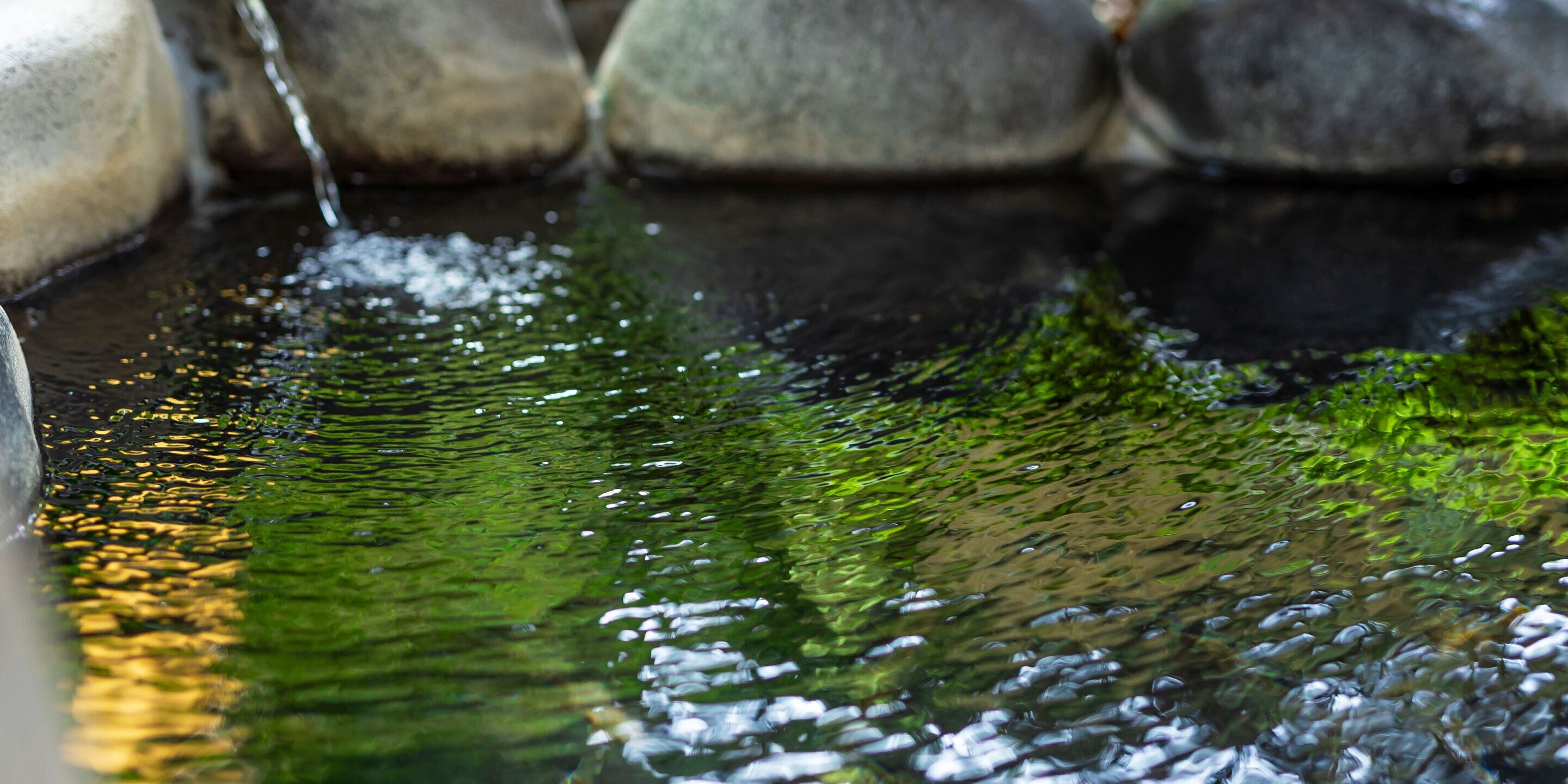 A stream flowing over rocks with clear water reflecting the surrounding environment.