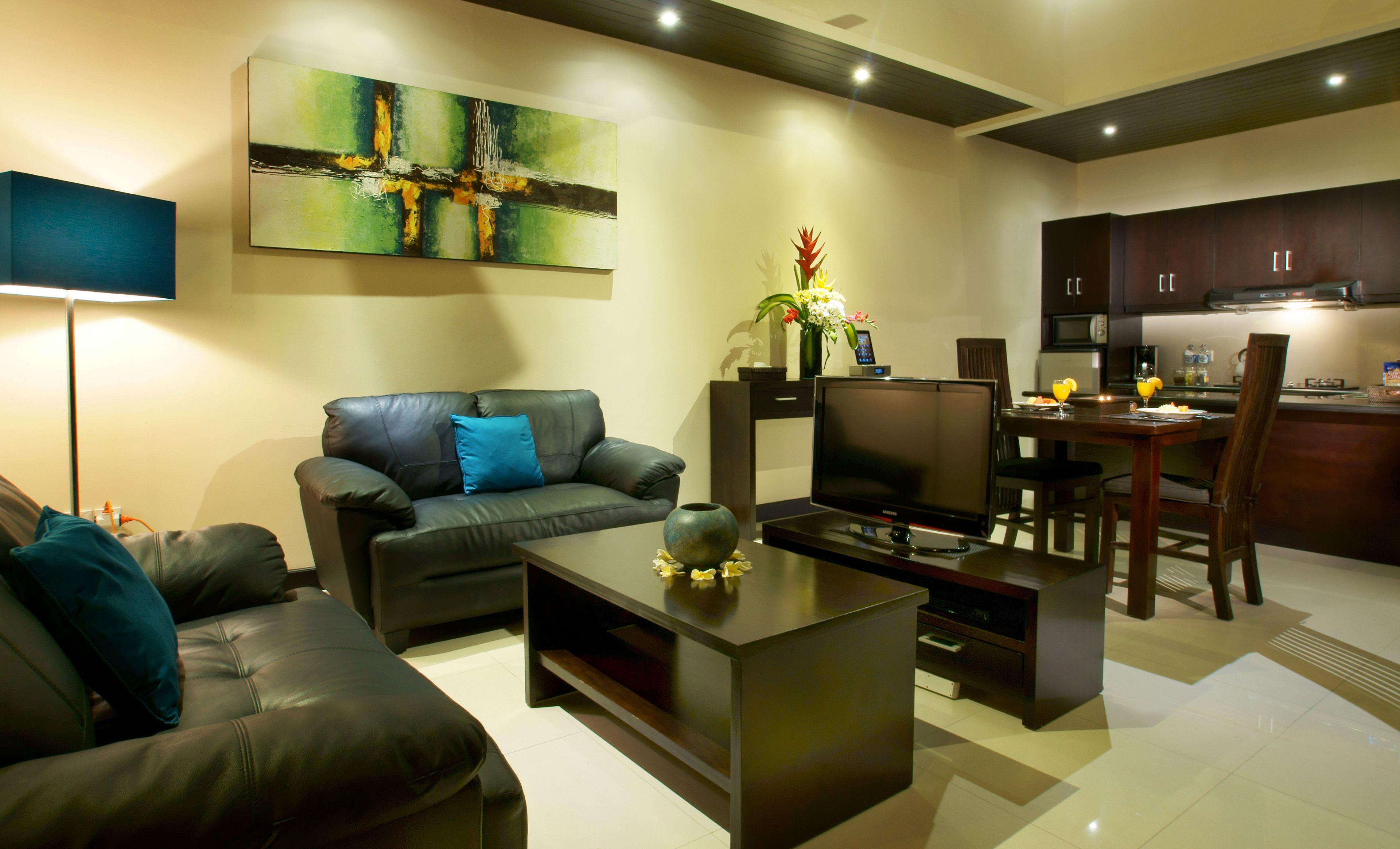 40-inch flat-screen TV with cable channels, TV, DVD player