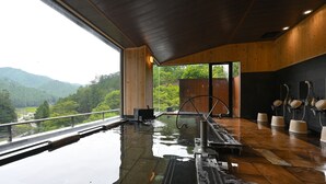 Une piscine intérieure offrant une vue sur un paysage boisé.