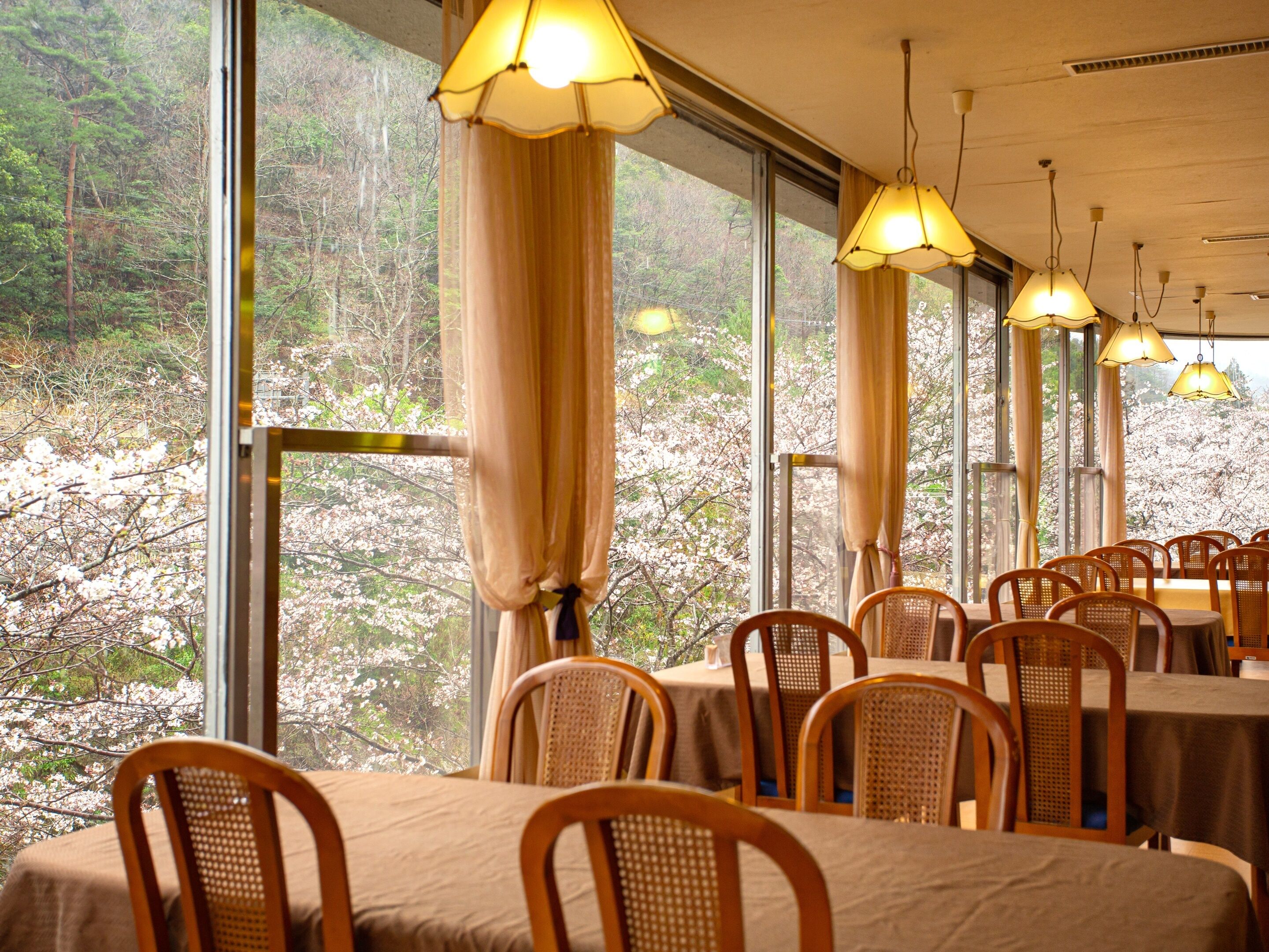 A restaurant with tables and chairs, large windows, and hanging lamps.