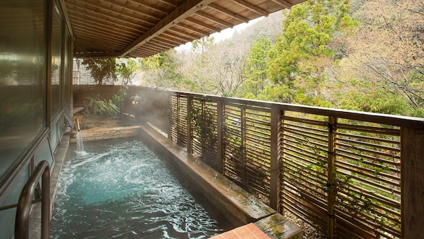 Une terrasse en bois avec un bain à remous alimenté par une source d’eau chaude, entourée d’une clôture en bambou et d’arbres.