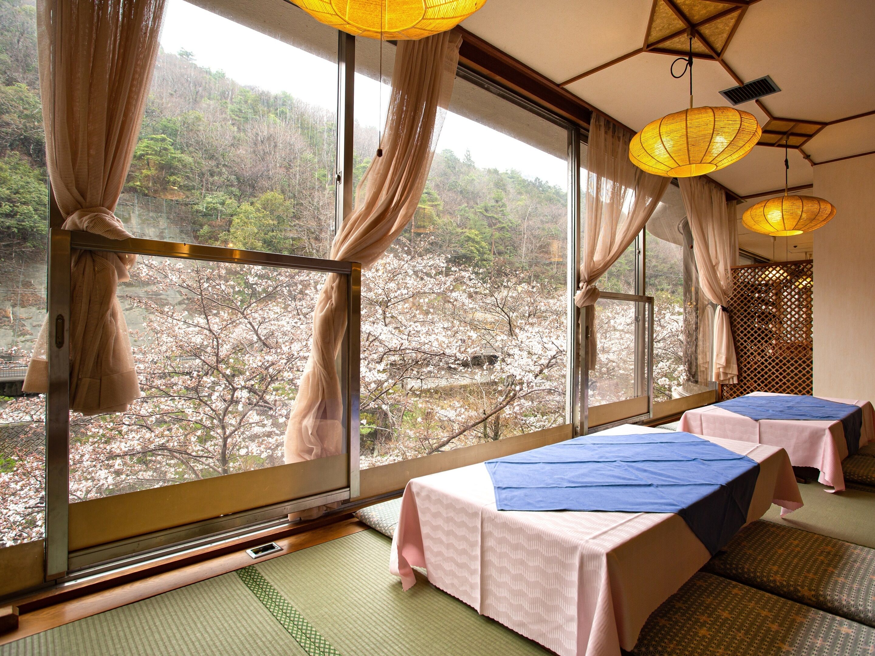 A room with tatami mats, a view of cherry blossoms, and traditional Japanese decor.