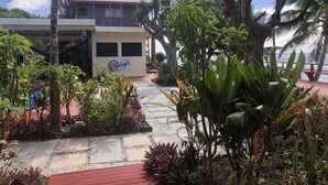 A tropical resort with a palm tree-lined pathway leading to a building with a sign reading "Carry's Eatery". - Kiikii Inn & Suites (Rarotonga)