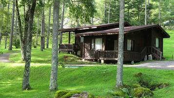 A rustic cabin with a porch, surrounded by tall trees and lush greenery.