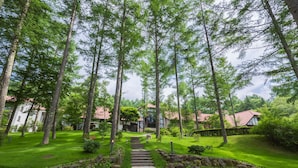 A stone staircase leading to a house surrounded by lush greenery and tall trees. - Tateshina Tokyu Hotel (Chino)