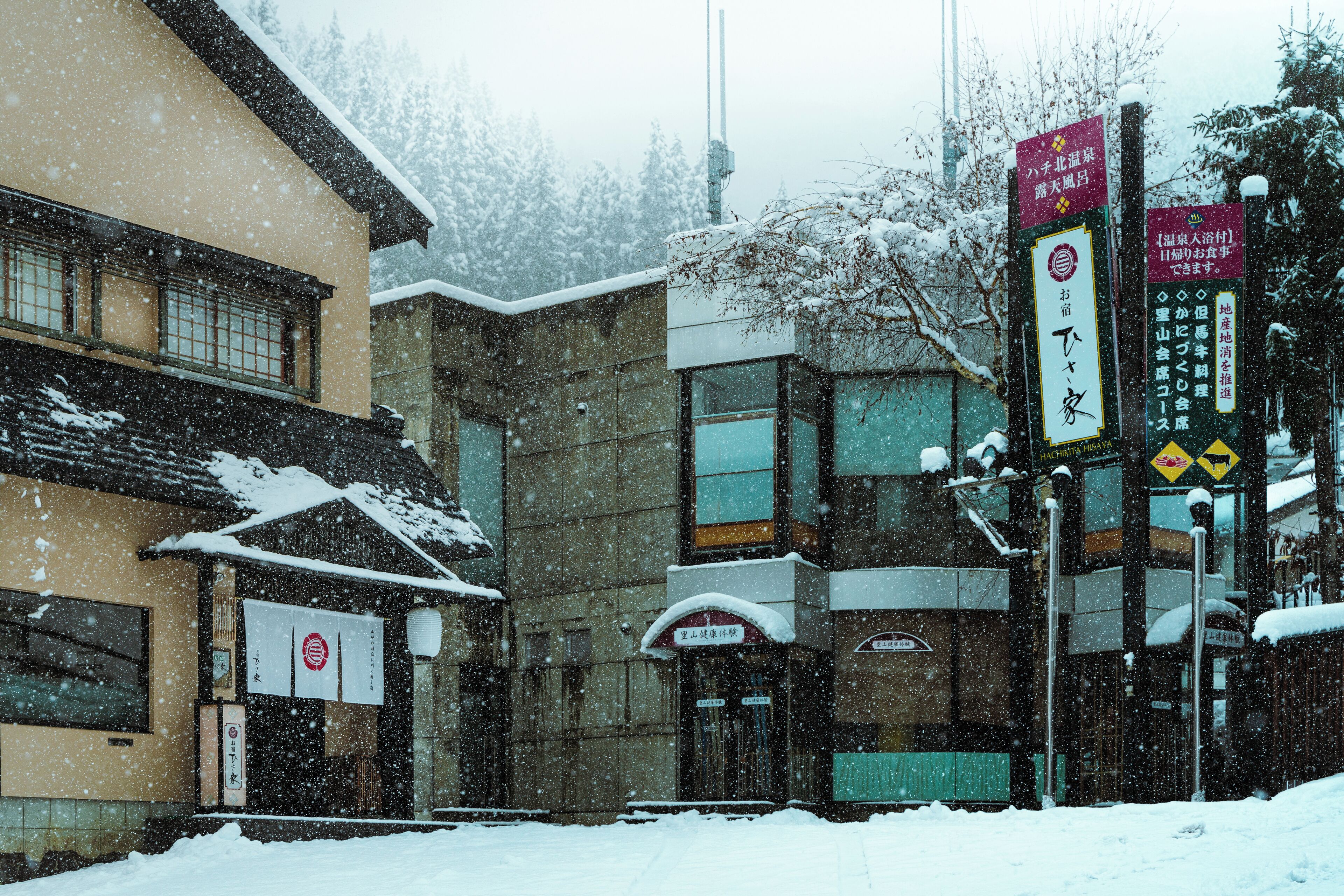 A building with multiple signs and a snow-covered roof.