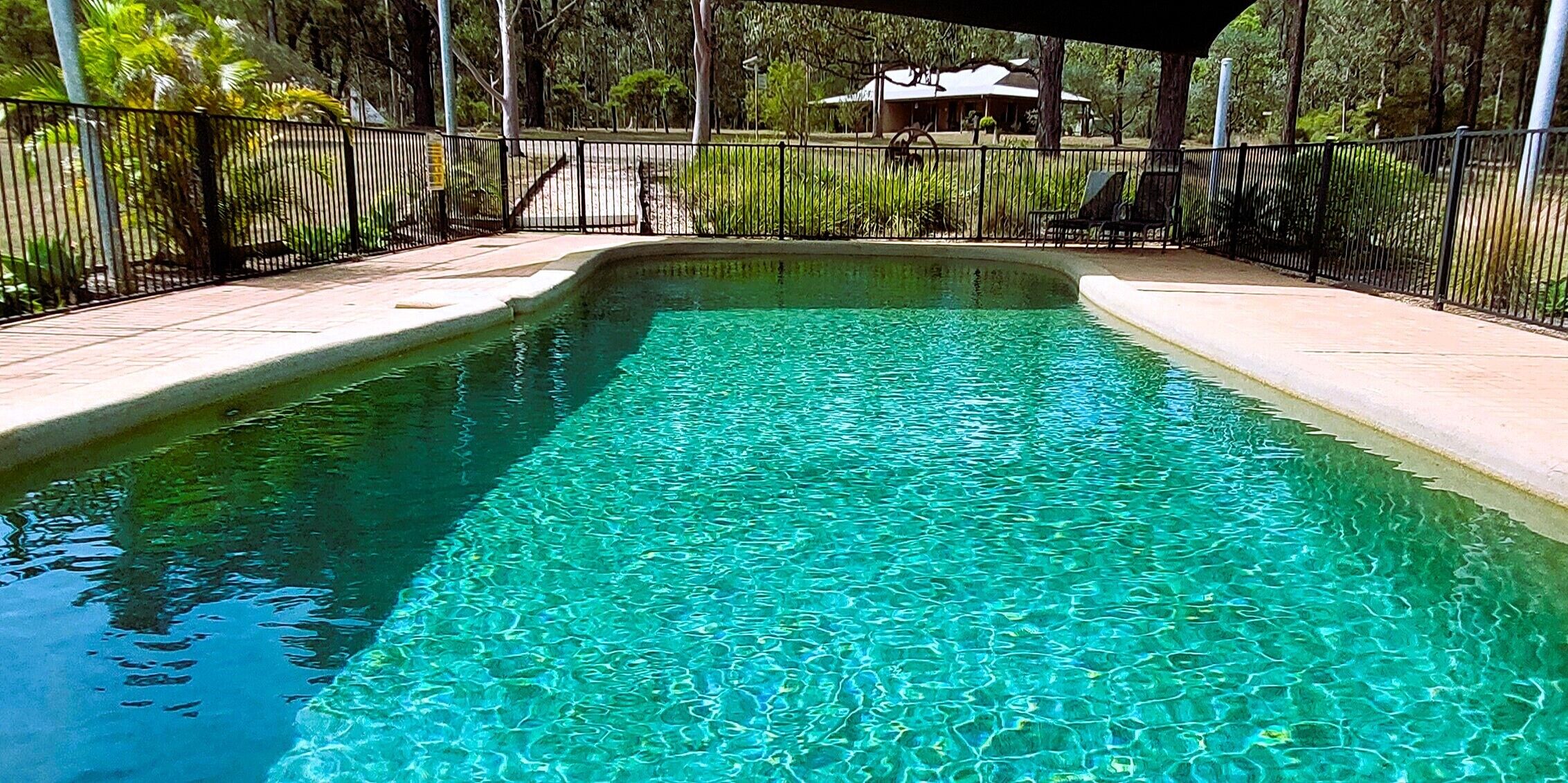 A rectangular pool with clear water, surrounded by a black metal fence and a paved walkway.