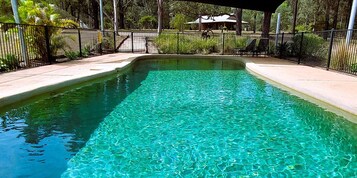 Una piscina rectangular con agua cristalina, rodeada por una valla de metal negro y un camino pavimentado.