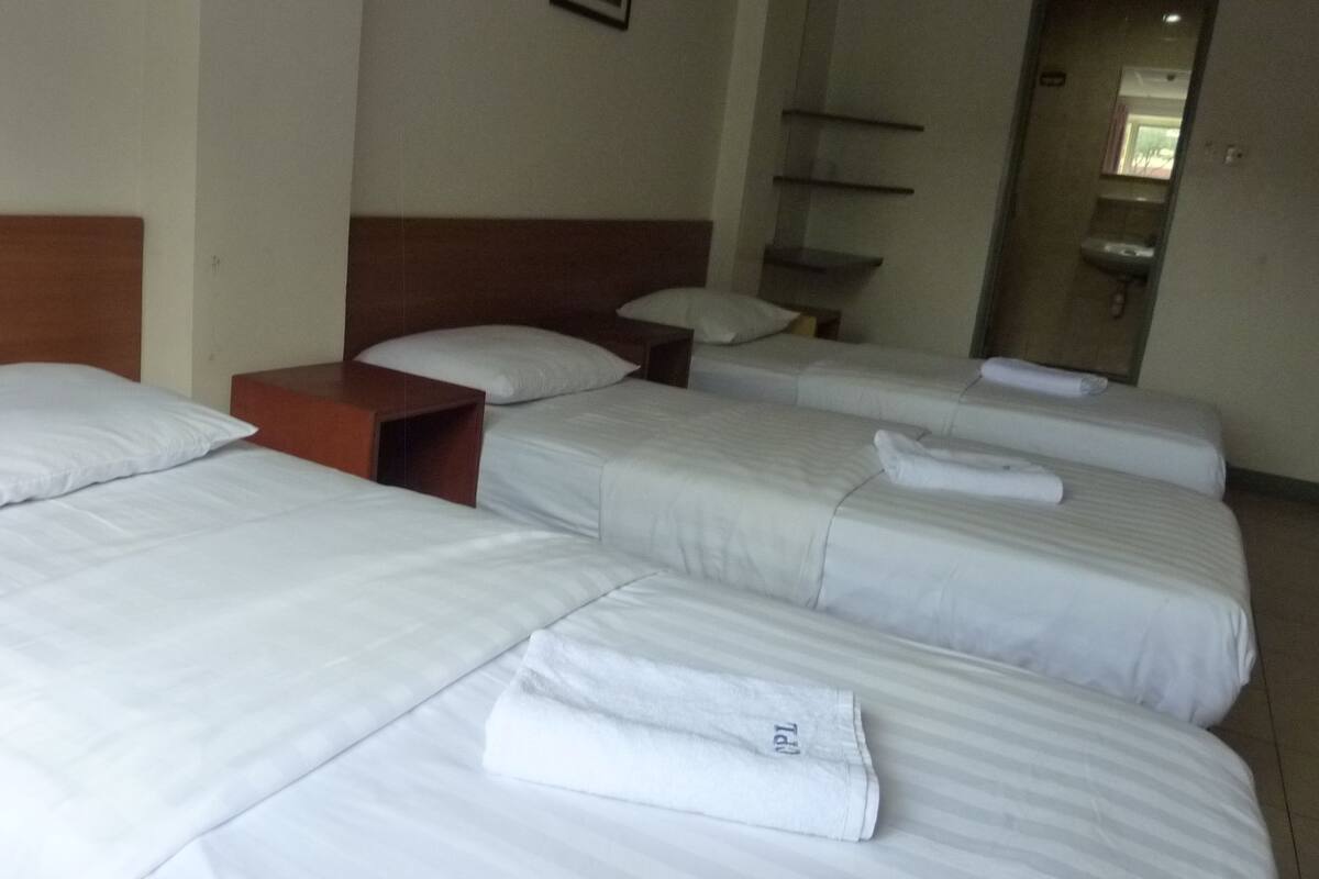 A hotel room with three single beds, each with white linens and pillows. There is a wooden nightstand between the beds.