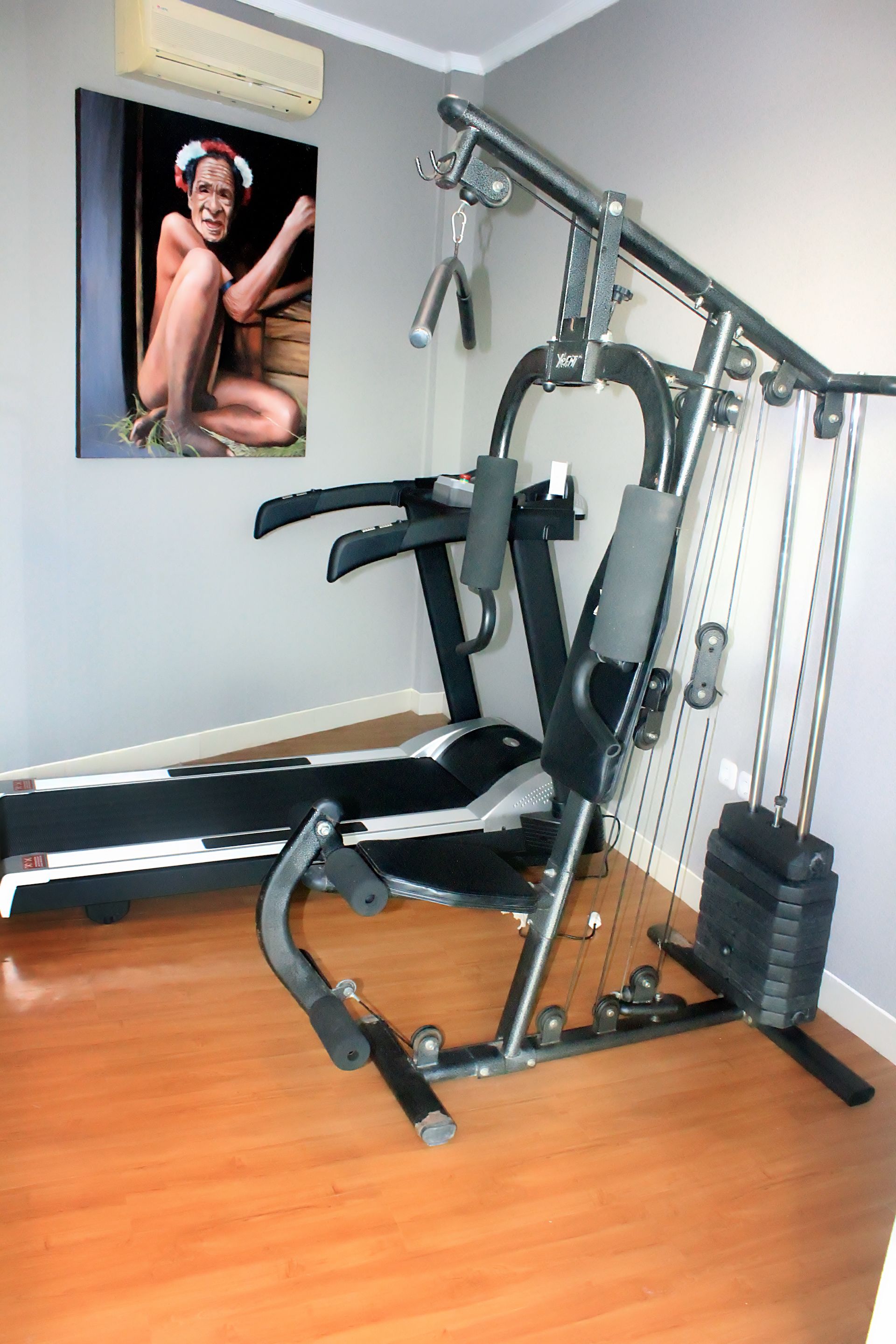 Une salle de sport à domicile équipée d’un tapis de course, d ’une machine de musculation et d’un miroir fixé au mur.