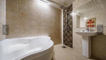 A modern bathroom with a freestanding bathtub, a shower with a decorative wall, and a pedestal sink.