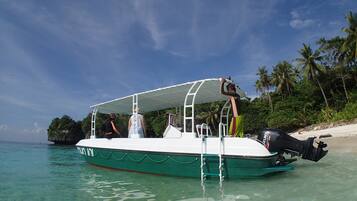 A boat with a covered deck, a ladder, and a motor at the back.