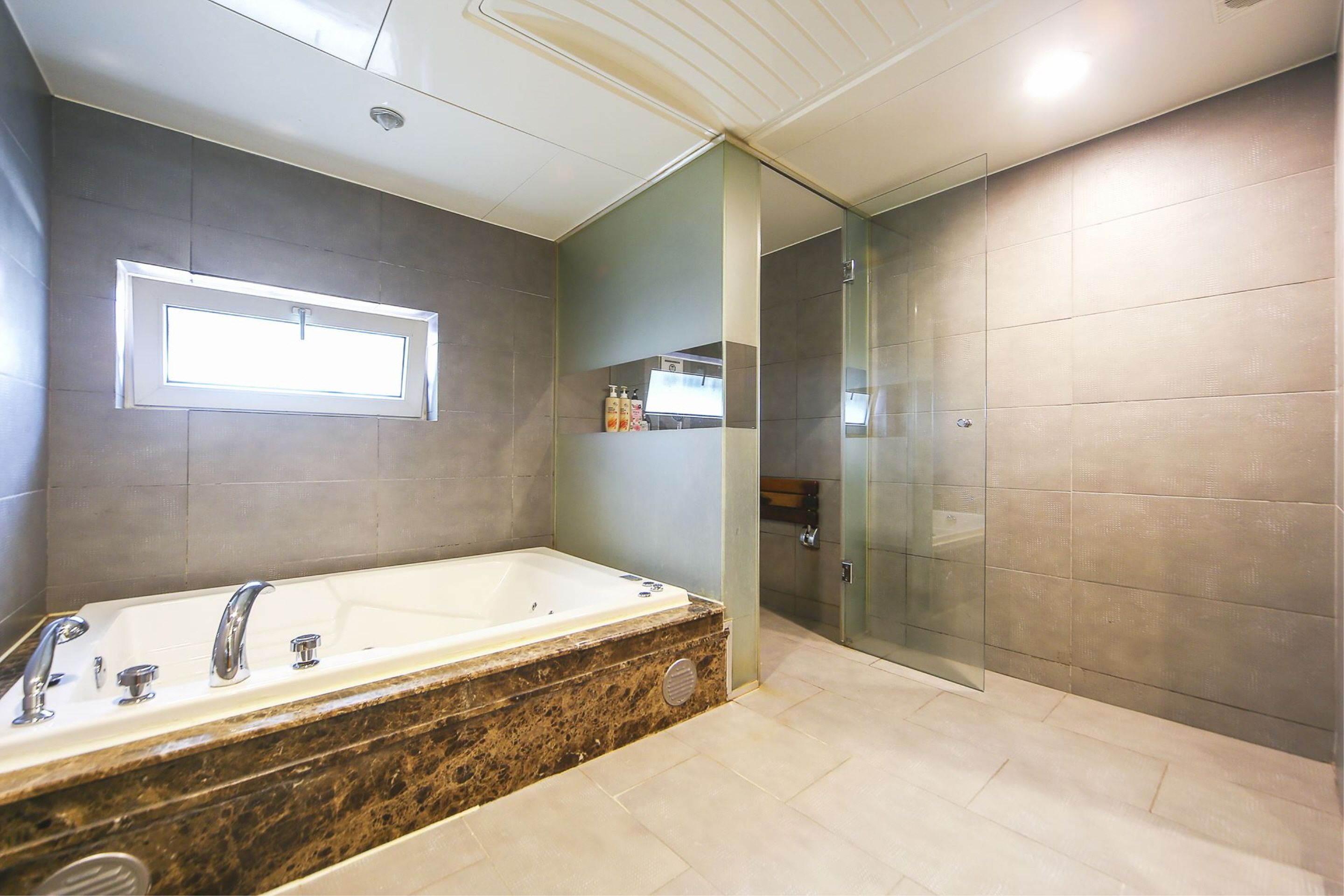 combined shower/bathtub, deep-soaking bathtub, hydromassage showerhead