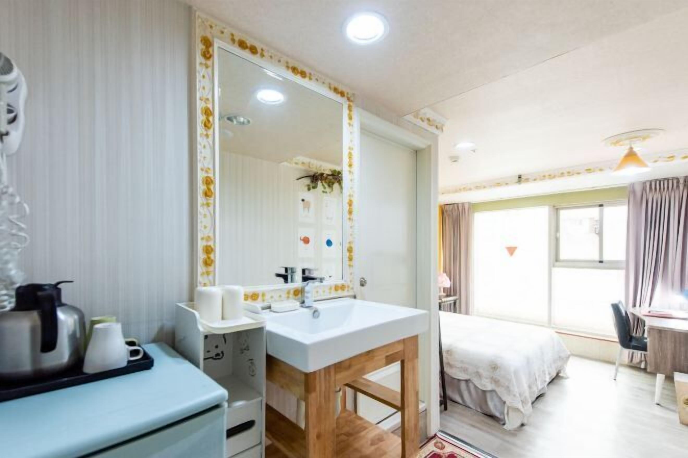 Desk, laptop workspace, blackout drapes, soundproofing