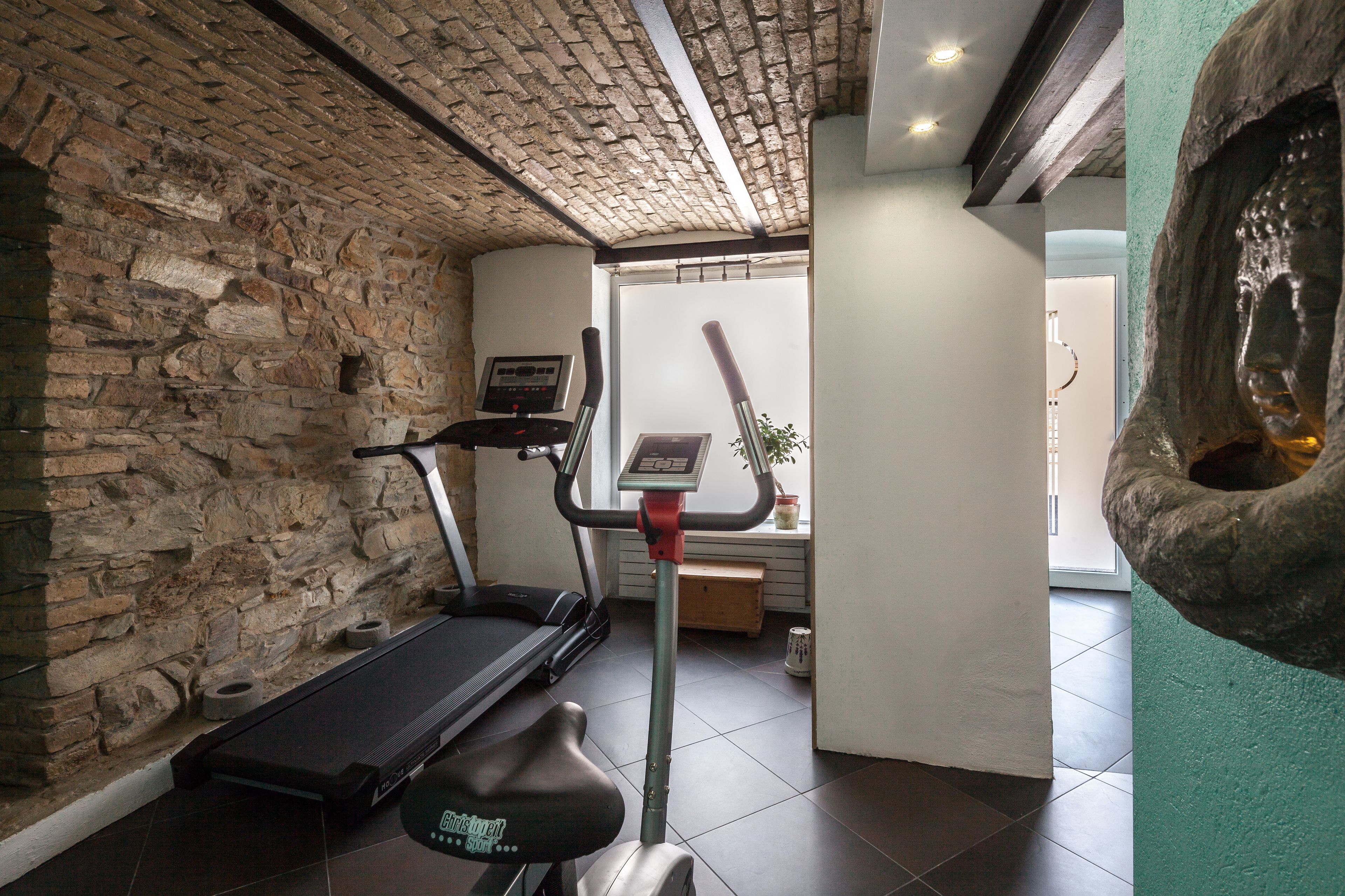 A home gym with a treadmill, stationary bike, and a stone wall.