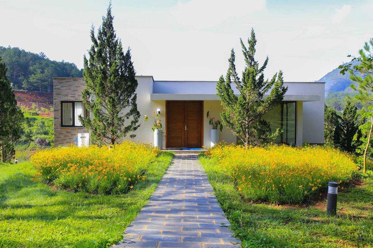 Ein modernes Haus mit einem gepflasterten Weg, der zu einer Holztür führt, umgeben von Grünpflanzen und gelben Blumen.
