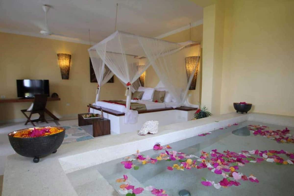 A bedroom with a four-poster bed, a television, a small table, and a decorative bowl.