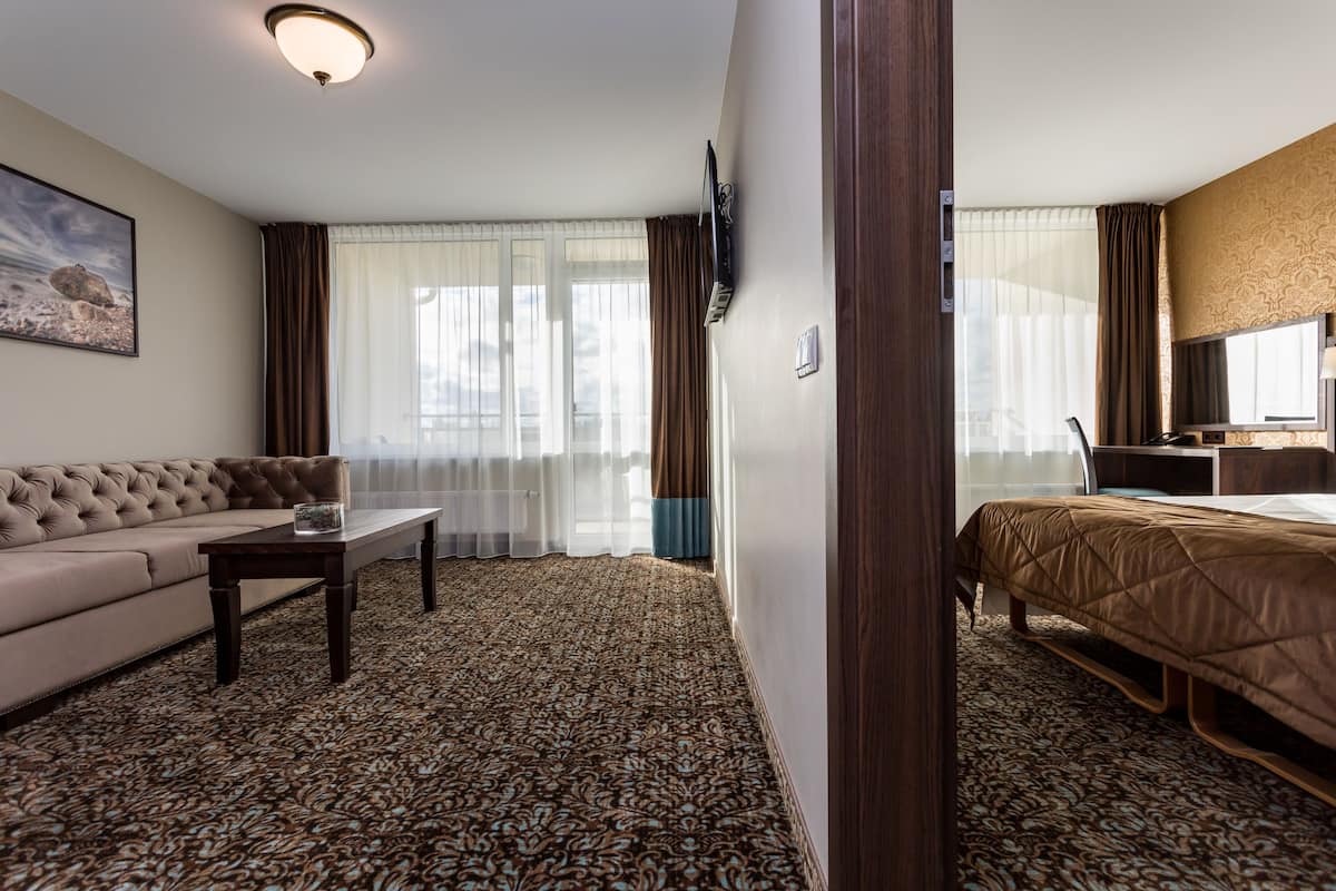A hotel room with a sofa, a bed, a desk, and a television.