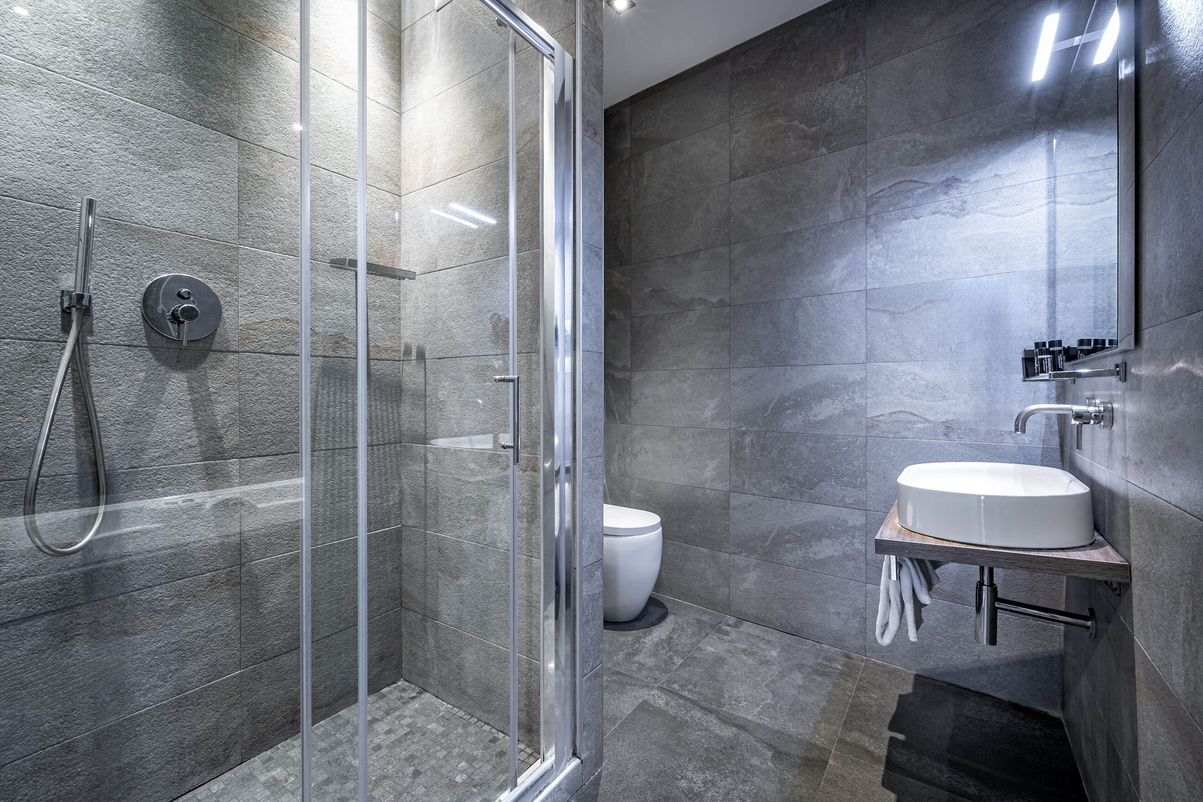 A modern bathroom with a glass shower enclosure, a white sink, and a toilet.