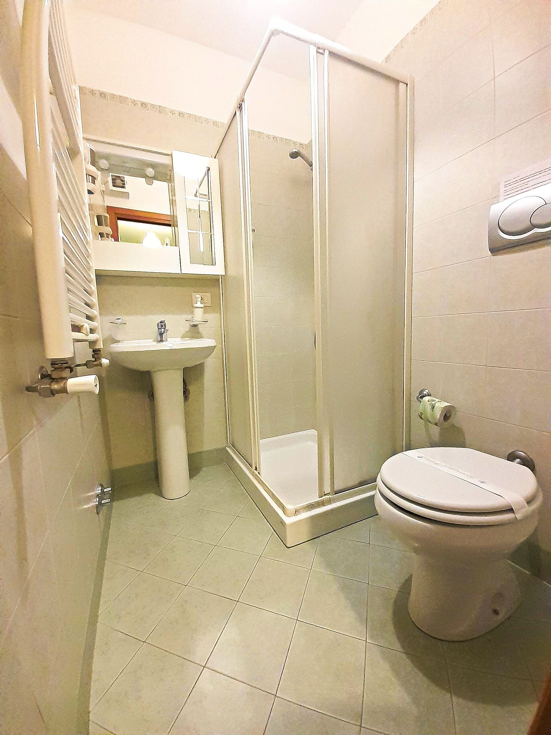Un bany amb vàter, rentapel i plat de dutxa envidriat.