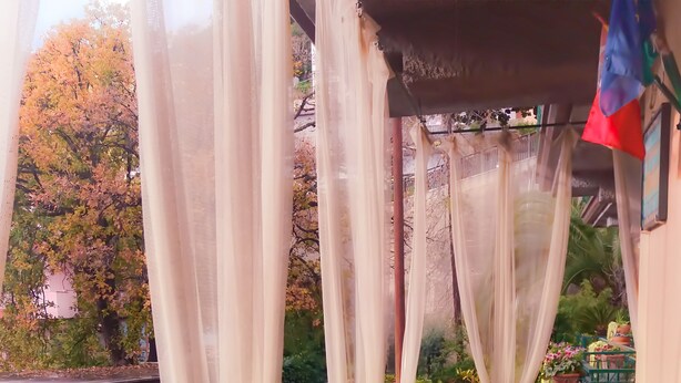 A balcony with wicker furniture, potted plants, and a view of trees. - B&B Rosangela (Taormina)