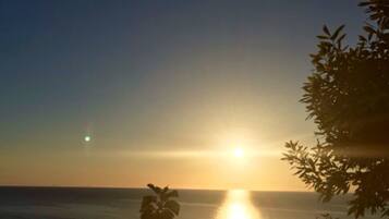 Tramonto sull'oceano con sagome di vegetazione sullo sfondo.