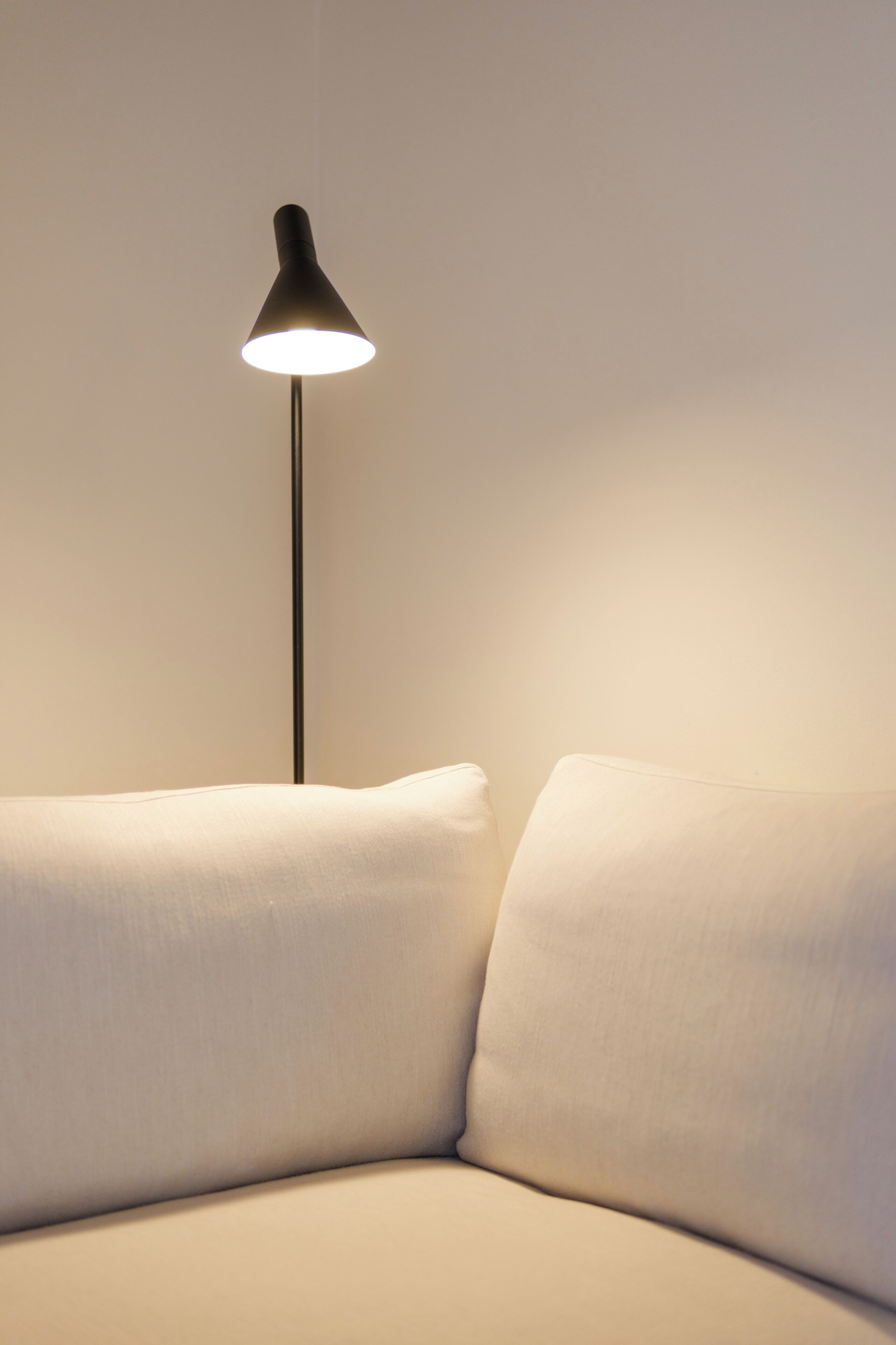 A corner of a room with a black floor lamp casting light on a white sofa.