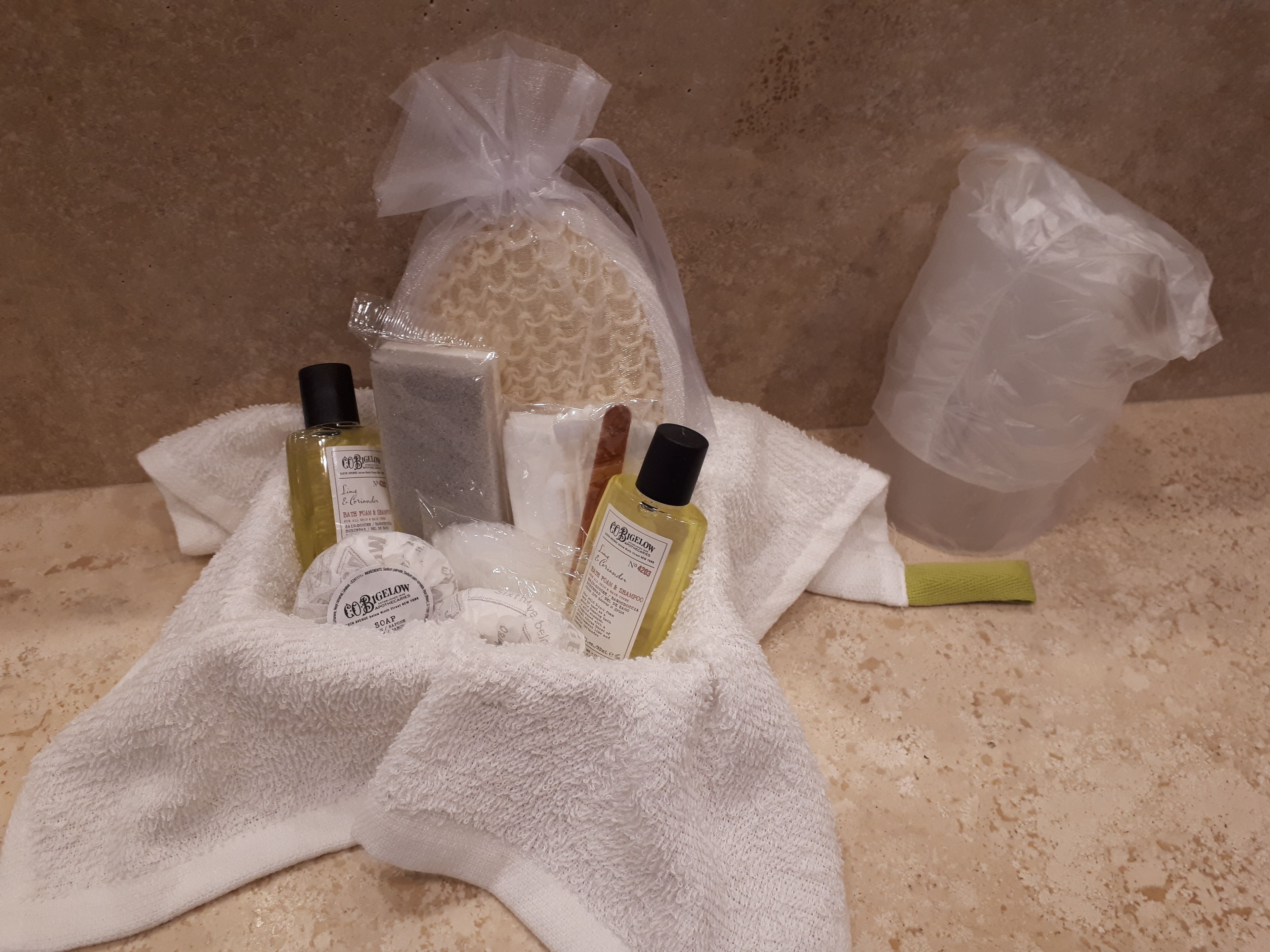 free toiletries, hair dryer, bidet, towels