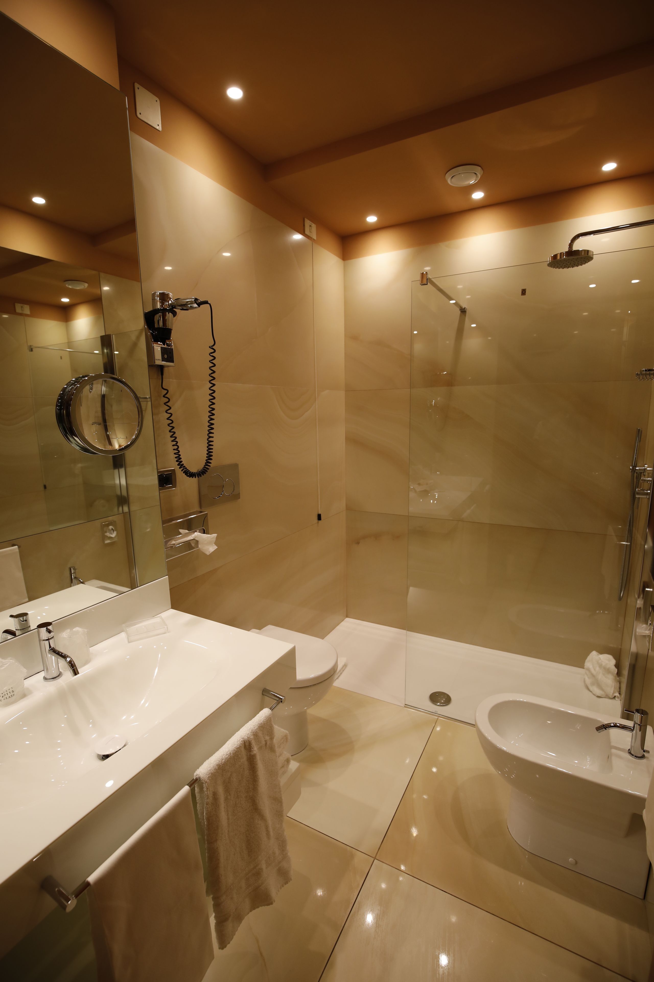 free toiletries, hair dryer, bidet, towels