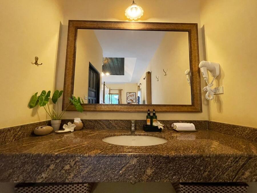 A bathroom with a marble sink, a large mirror, a hairdryer, and a potted plant.