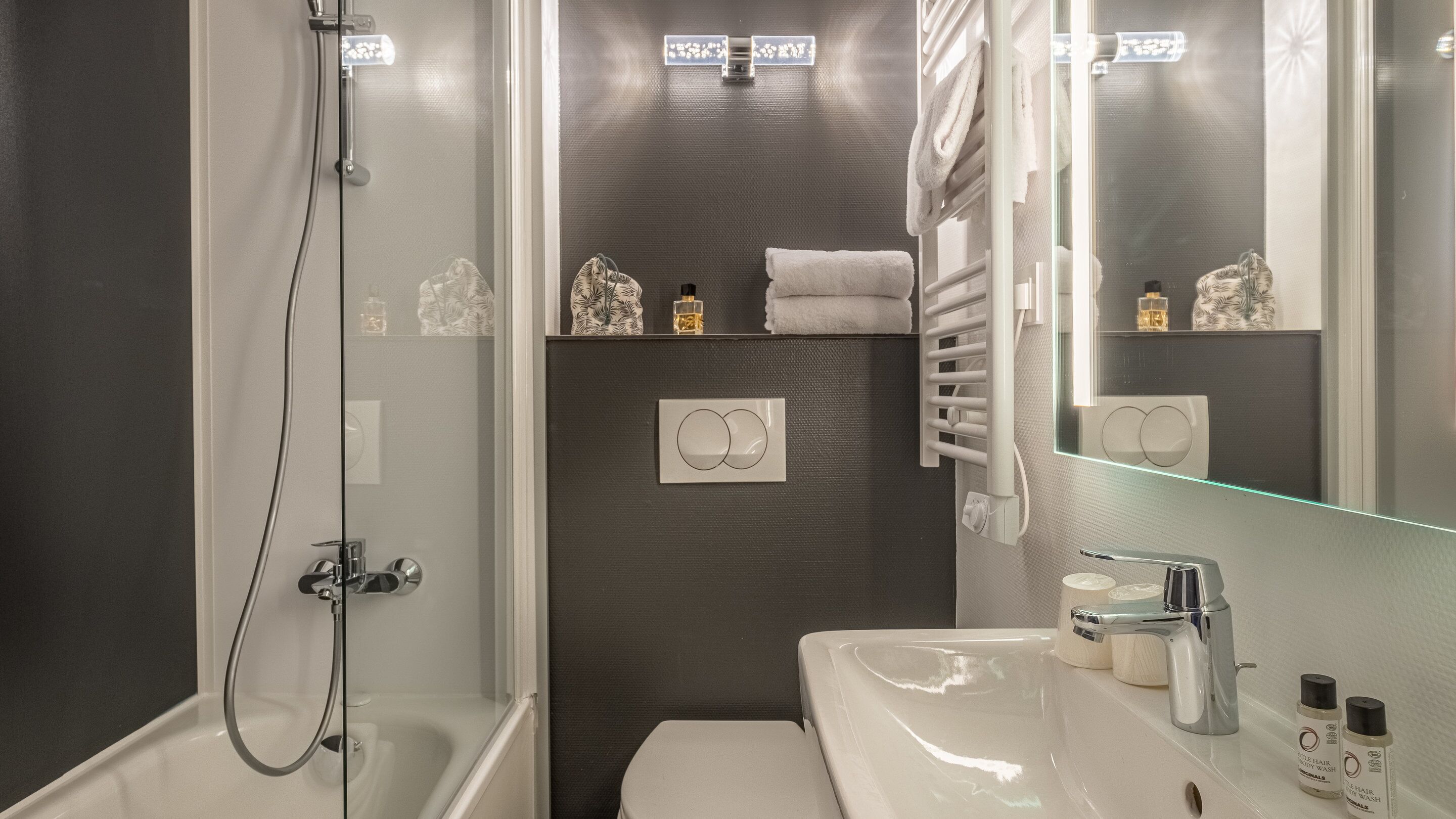 free toiletries, hair dryer, towels