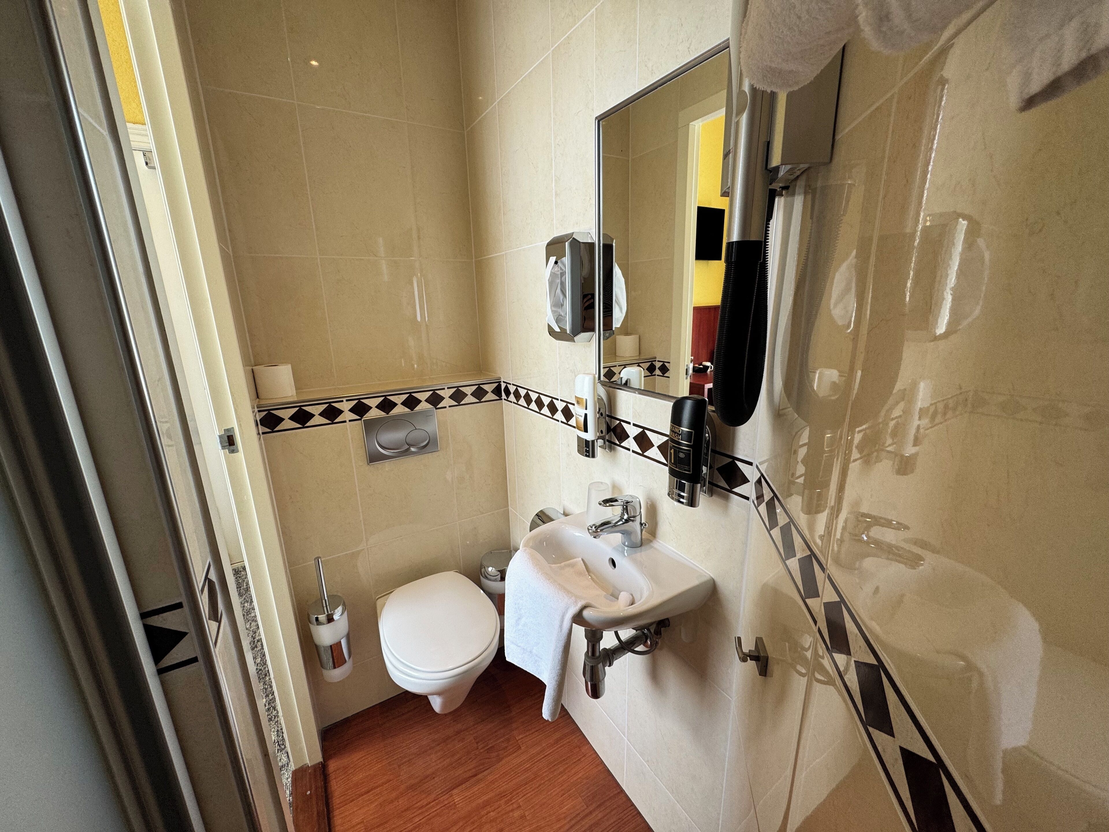 Baño con inodoro, lavabo y espejo. Hay un perchero y un secador de manos en la pared.
